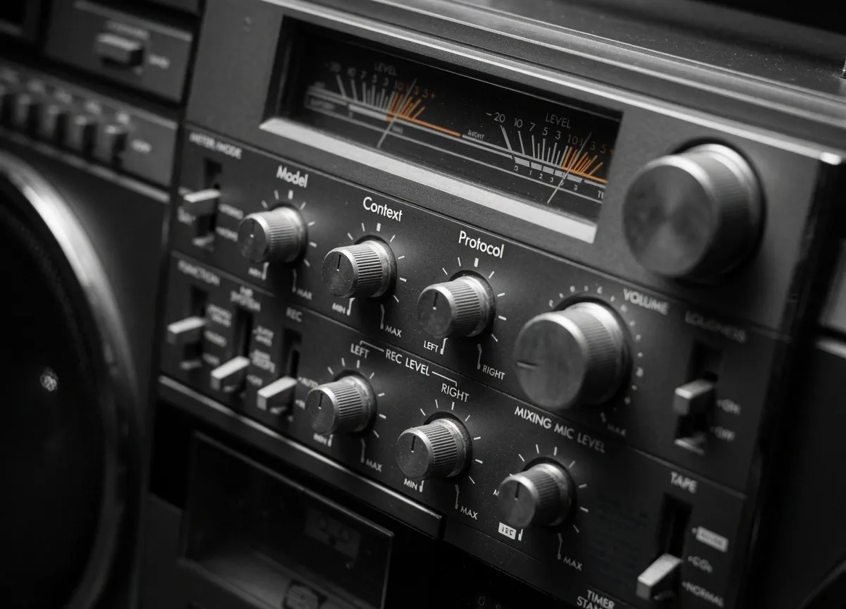 Close-up of a classic 1980s boombox. Its three dials are labelled Model, Context and Protocol. Amber VU meters glow above them.