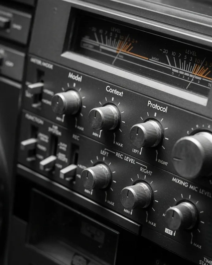 Close-up of a classic 1980s boombox. Its three dials are labelled Model, Context and Protocol.