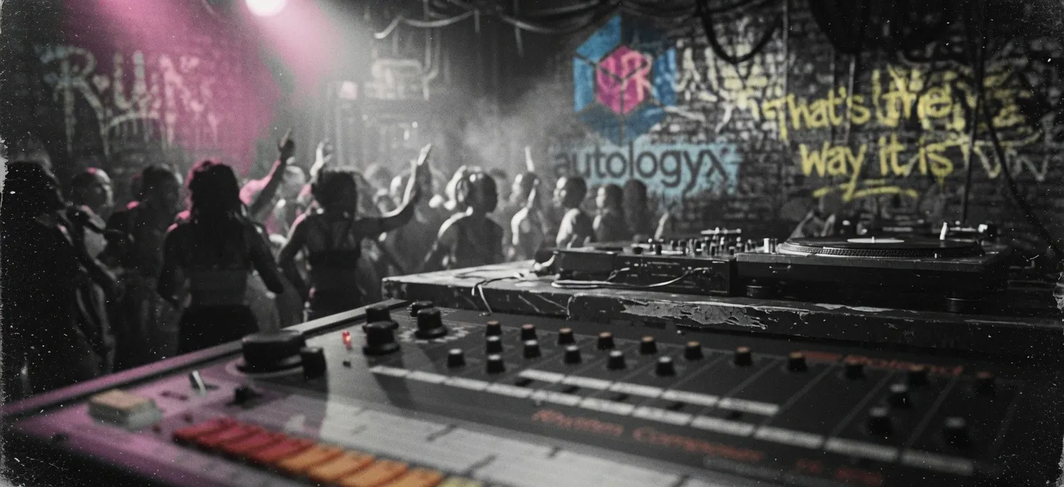 A packed 1980s hip-hop club seen from behind the DJ decks. Graffiti on the walls reads RUN, Autologyx, and That's the way it is.