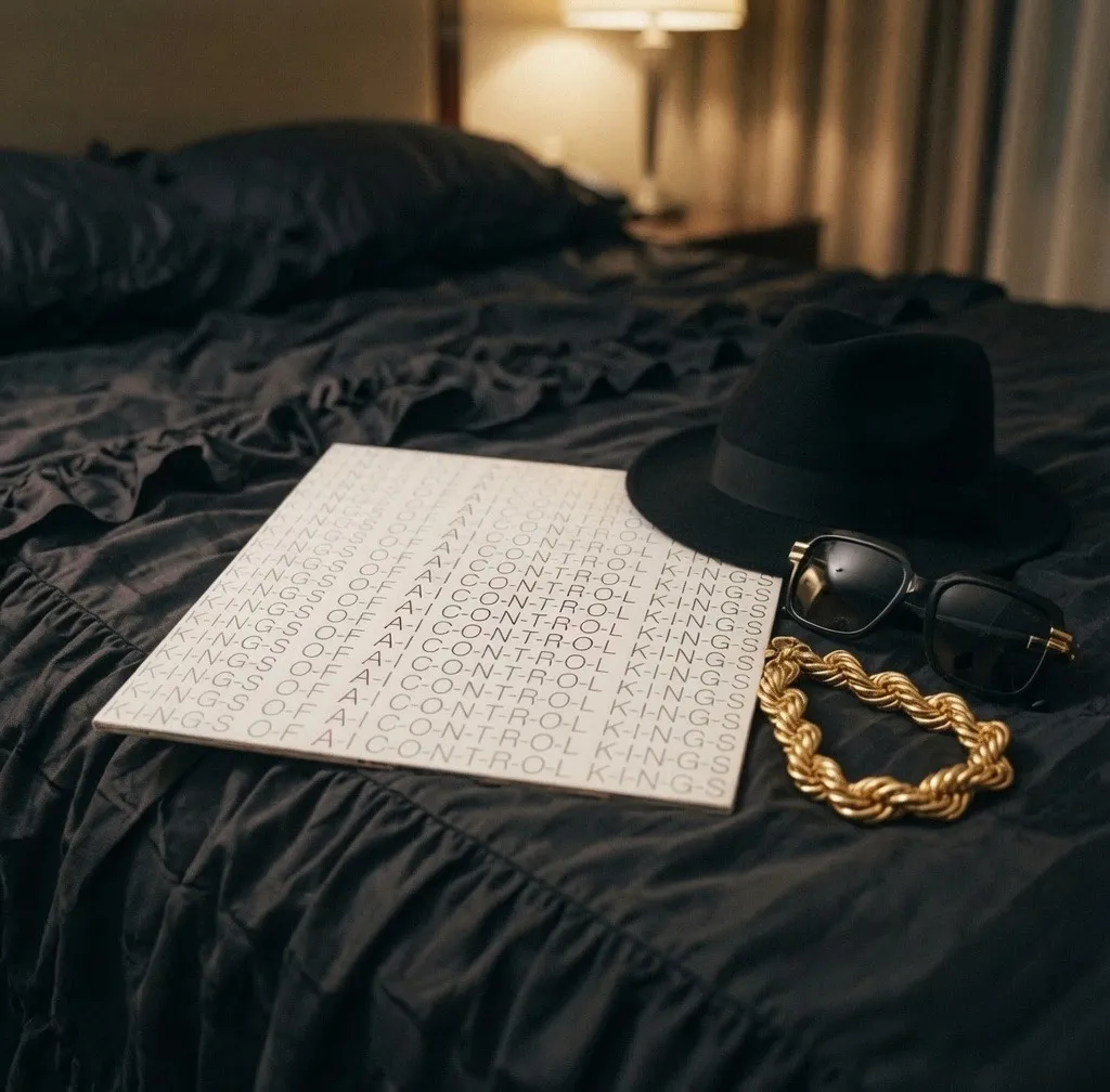 A hotel bed at night. On it: an album sleeve reading Kings of AI Control, a black fedora, dark sunglasses and a gold rope chain, lit by a warm bedside lamp.
