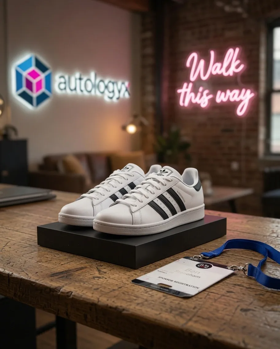 A pair of classic white shell-toe sneakers on a plinth beside an ILTA badge. On the wall behind: the Autologyx logo and a pink neon sign reading Walk this way.